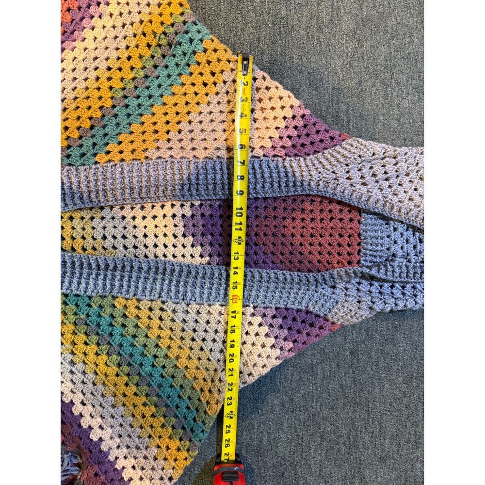 Handmade Crochet Hooded Shawl Wrap Multicolor Striped Fringe Boho Cardigan Gray - Picture 9 of 10